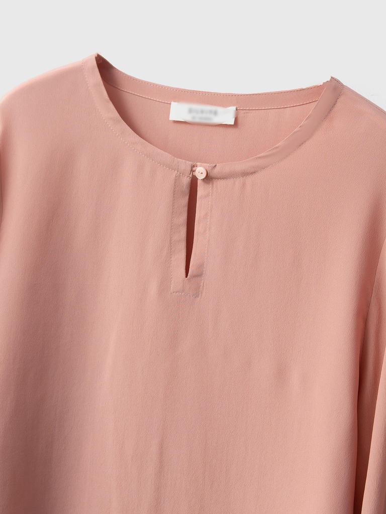 Women's Solid Color 100% Mulberry Silk Double Georgette Lantern Sleeve Top with Round Neck and Side Slits.