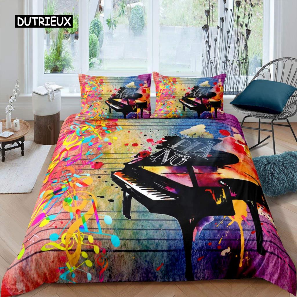 Piano Pattern Duvet Cover Microfiber Classic Music Themed 2/3Pcs Bedding Set Musical Pattern Geometric Stripe King Quilt Cover
