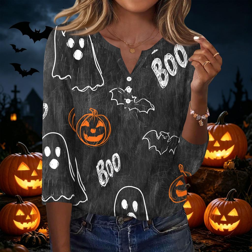 Women's Casual V Neck Button Front Halloween Print T Shirt Three Quarter Sleeve Top Lightweight Soft Fabric Comfortable Fit