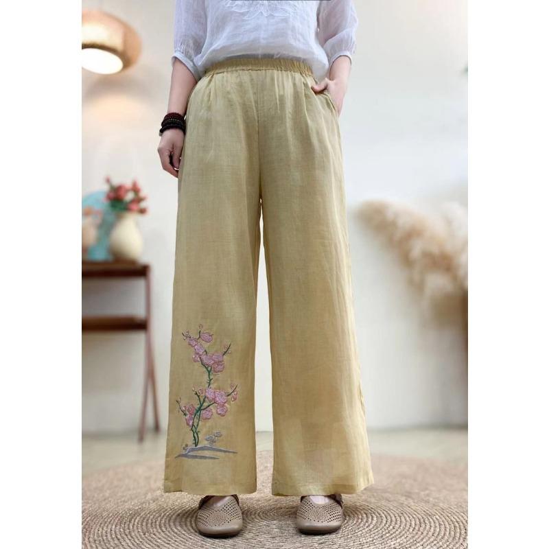 Hose im neuen chinesischen Stil für Damen im Sommer, elastische Stickerei, ethnischer Stil, bestickte Freizeithose, Retro-Loose-Weitbeinhose