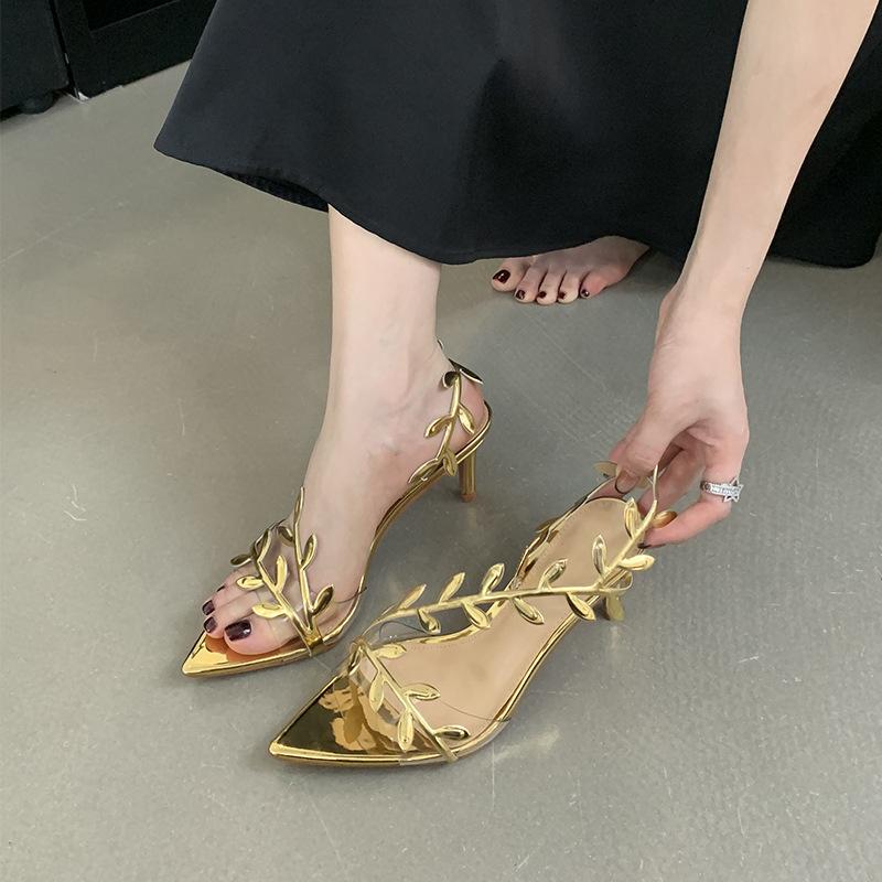 2025 Spring and Autumn New Fashion Versatile Niche Design Sense Golden Branches Jade Leaves High Heels Women's Fine Heel Open Toe One
