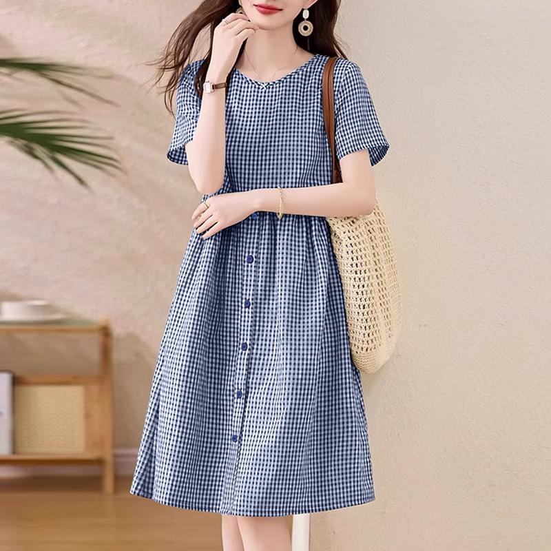 ZANZEA Rochie casual pentru femei, cu gât rotund, mânecă scurtă, imprimeu carouri