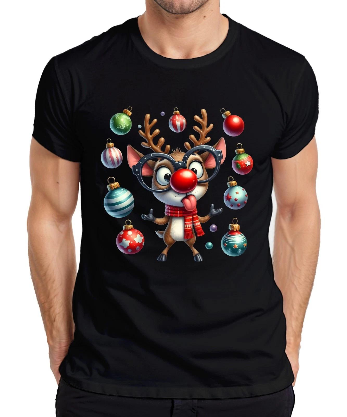 Rudolph Reindeer With Glasses Red Nose Christmas Cute Cartoon Men s T-Shirt- M