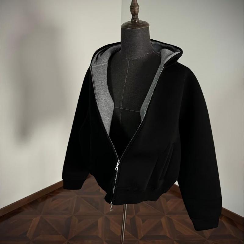 Unisex Heavyweight Color Block Oversized Double Zipper Hoodie - Trendy Spring/Autumn Loose Cardigan Medium чёрный