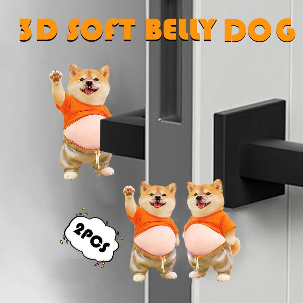3D Shiba Inu Dog Belly Sticker - Cute Puppy Wearing Orange Outfit with Soft Pink Background, Silicone Self-adhesive