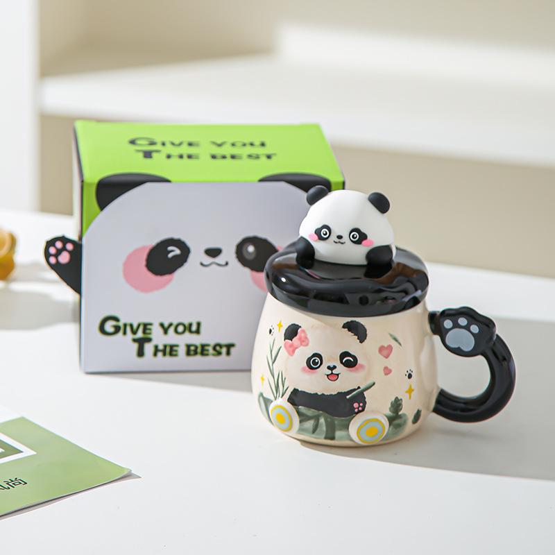 Cartoon Panda Mug with Lid Girl Cute Ceramic Office Home Couple Drinking Water Souvenir Birthday Gift