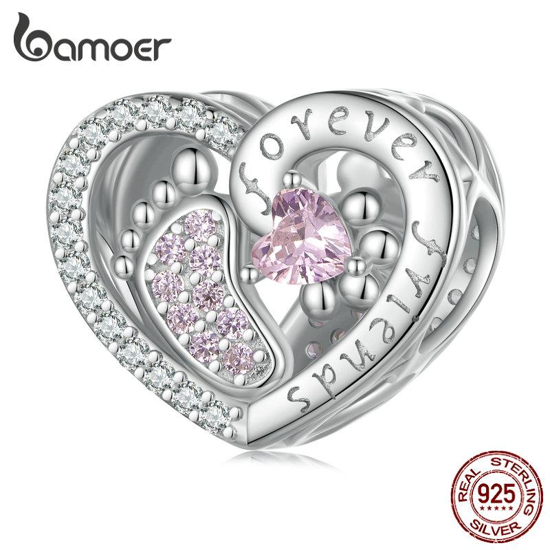 

BAMOER стерлингового серебра 925 пробы фиолетовый циркон сердце бусины след подвески для женщин оригинальный браслет ювелирные изделия 925 silver