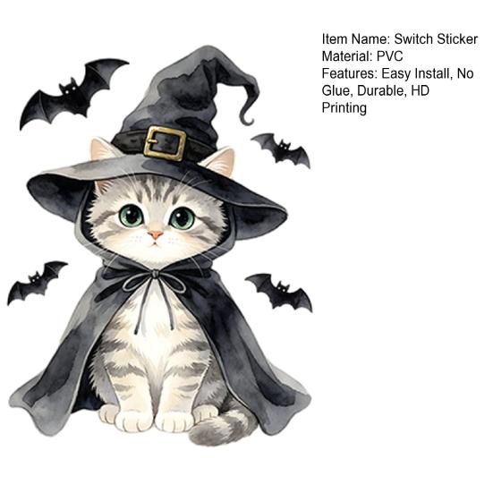 Kids Room Wall Accents Halloween Wizard Cat & Bat Switch Sticker, Self-Adhesive Light Decal, Party Supplies Removable Decor for Bedroom Living