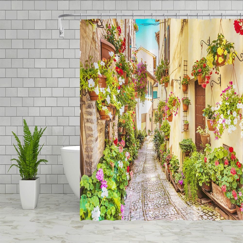 Italy Landscape Shower Curtains European Architecture House Street Colorful Flower Pots Green Leaves Spring Scenery Bathroom