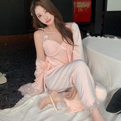 Elegant Three-Piece Lace Fleece Pajamas for Women - Autumn/Winter Collection