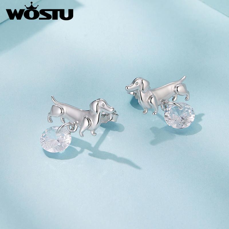 WOSTU Dachshund Dog Cat Stud Earrings With Zircon White Gold Plated Pet Ear Studs S925 Silver Backs Hypoallergenic Jewelry Gift