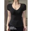 American retro white V-neck front shoulder T-shirt for women's summer slim-fitting and thin inner cover, bottom waist, Spice Girl short-sleeved top