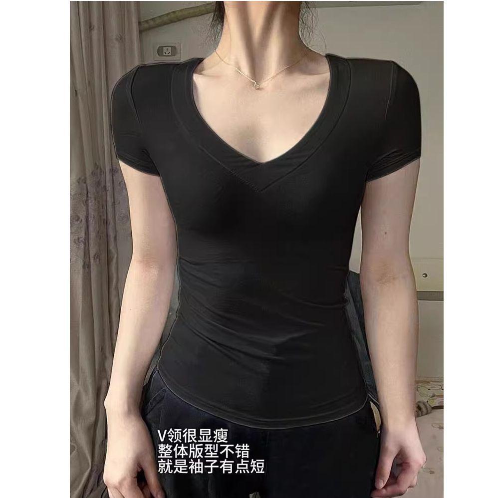 American retro white V-neck front shoulder T-shirt for women's summer slim-fitting and thin inner cover, bottom waist, Spice Girl short-sleeved top