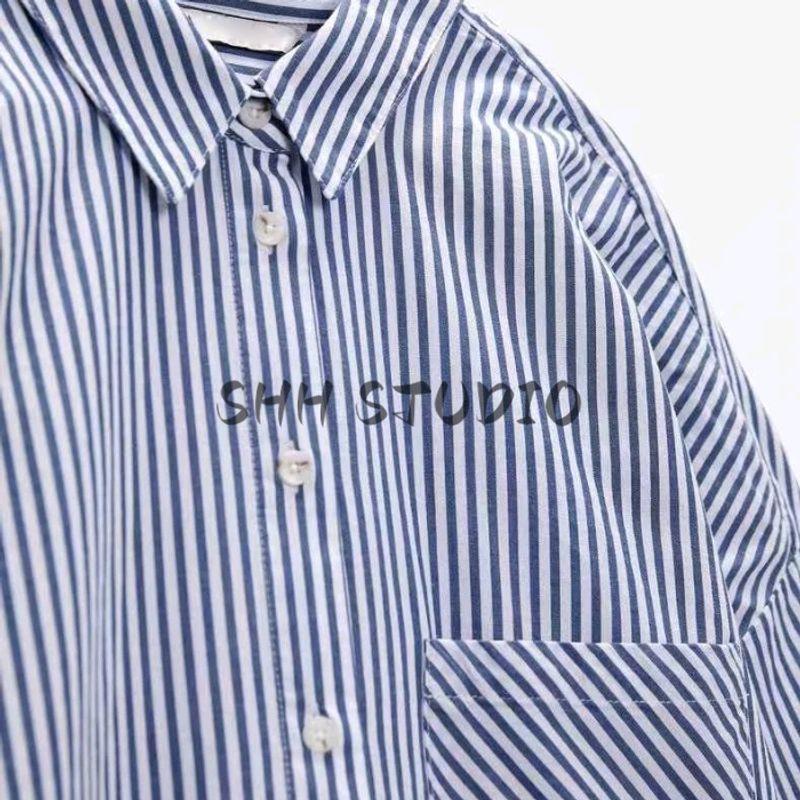 Spring New Women's Clothing French Style Design Single Striped Style with Pockets Lapel Long Sleeves Loose Shirt 5216040