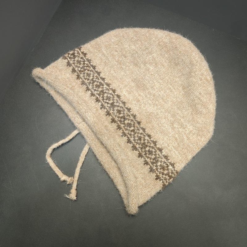 Retro Drawstring Stacking Hat Women's Fashion Autumn and Winter New Big Head Circumference Wool Hat Simple Warm Jacquard Knitted Hat