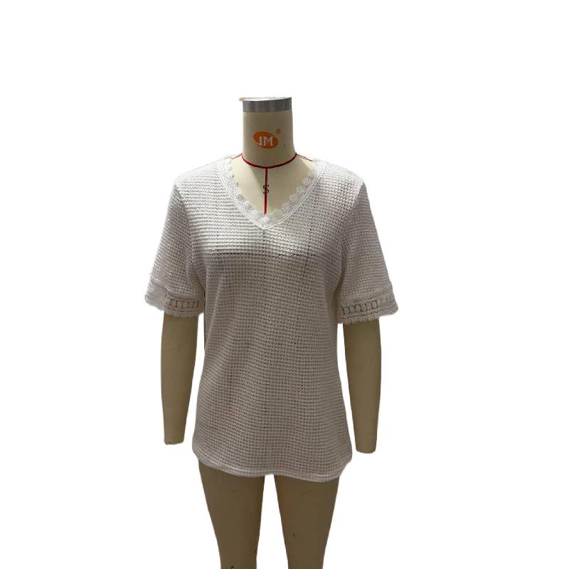 2026 Spring/Summer Women's V-neck Casual Waffle Lace Trim Short Sleeve Top