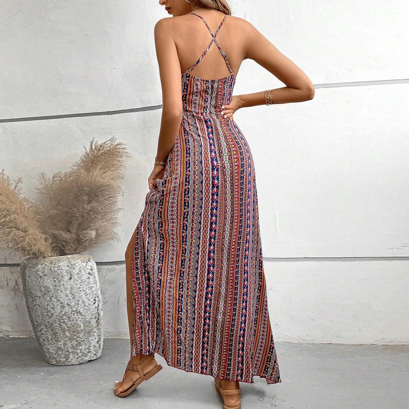 Damen Sommer Ethno Muster Rückenfrei Schlitz am Oberschenkel Kleid Damen Sommerkleidung Boho Mode Rüschenbesatz Langes Kleid für den Strand