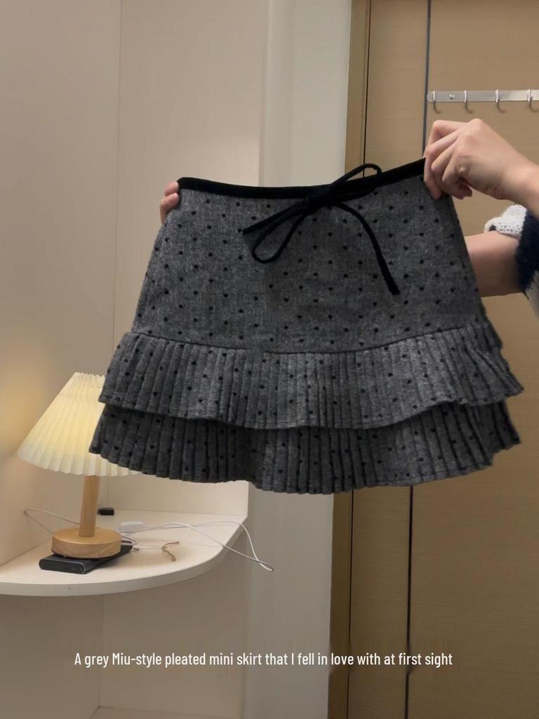 Plus Size A-line Polka Dot Wool Pleated Skirt - High Waist, Slimming, Spring/Autumn Wear