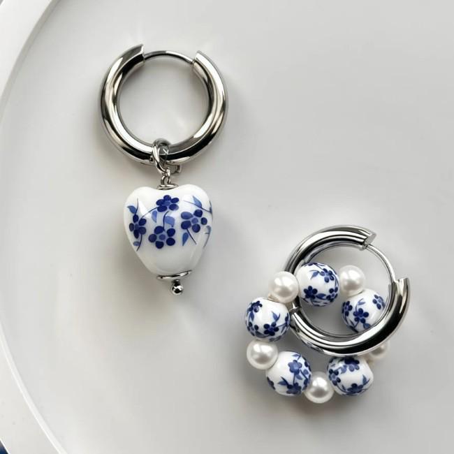 Blue and White Porcelain Ceramic Dangle Earrings: Ethnic-Style Fashion for Women