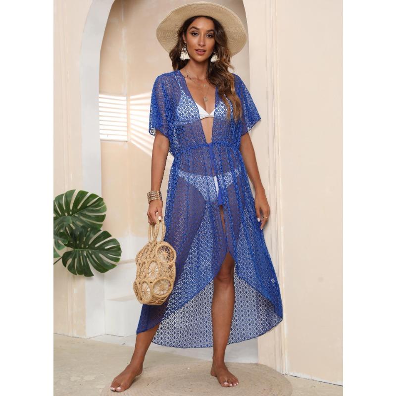 Women's Cover-up Seaside Holiday Beach Cardigan Plus Size Irregular Tie Sexy See-through Lace Shirt
