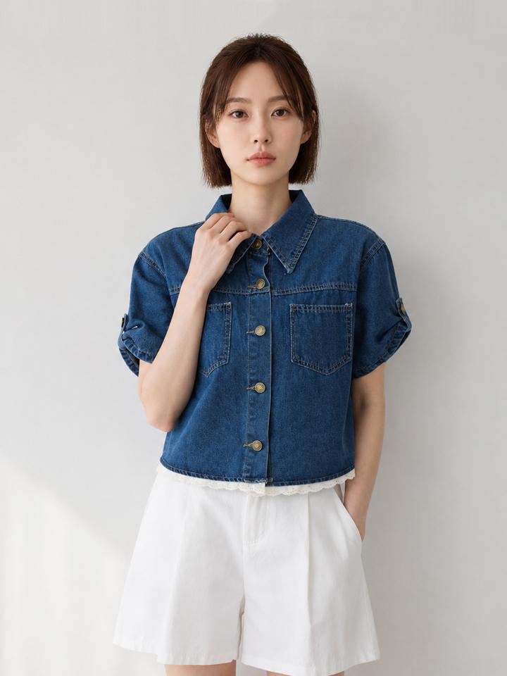 PAIGEFLYNN Lace Roll-Up Denim Shirt_S6Bsh006C
