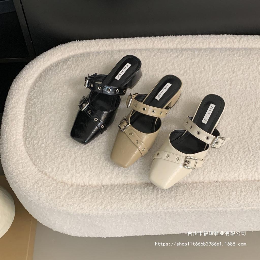 Design Sense Belt Buckle Bag Head Slippers Women's 2025 New Square Head Low Heel One Pedal Mueller Shoes Empty Half Drag