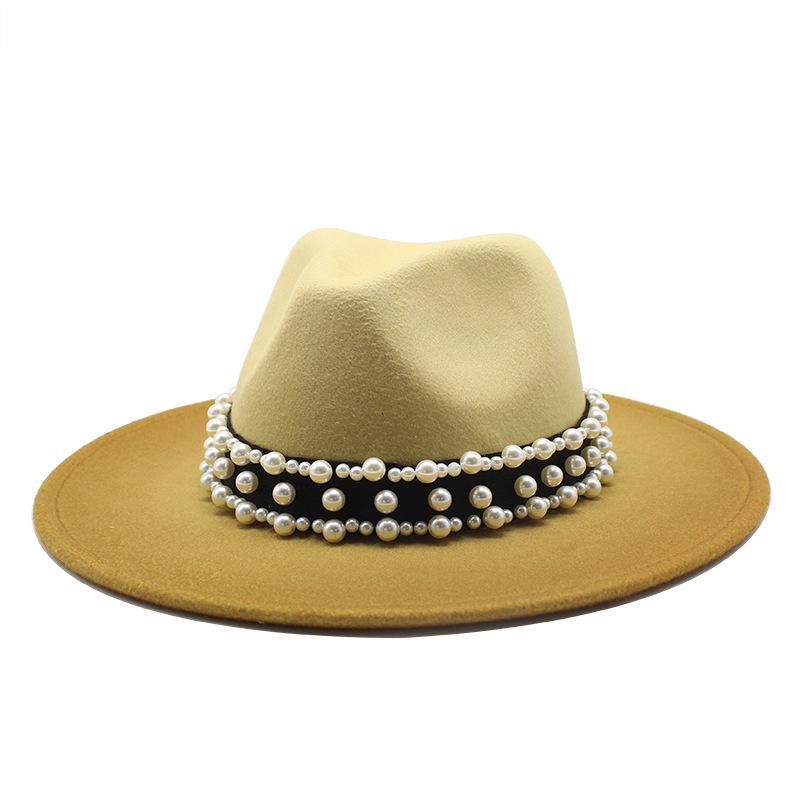 Unisex British Style Woolen Jazz Hat Large Brim Pearl Spray Hat