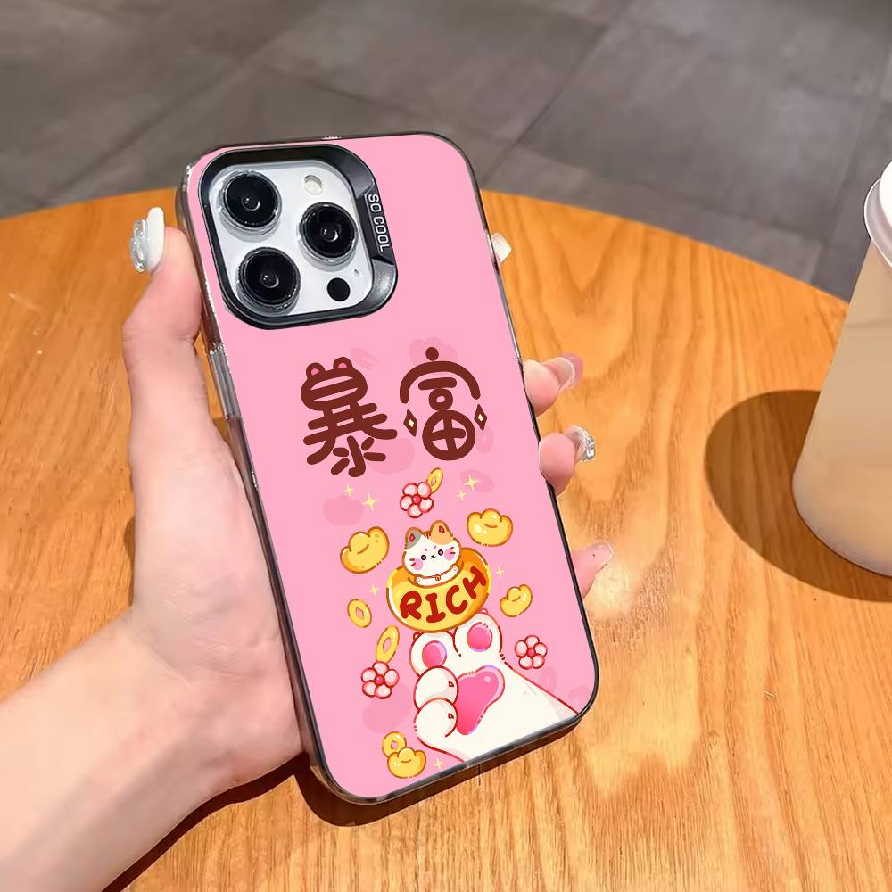 Lucky Money Cat M-Maneki N-Neko Phone Case For iPhone17 16 15 14 13 12 Pro Max Grey Black Matte Laser Metallic Aurora Funda