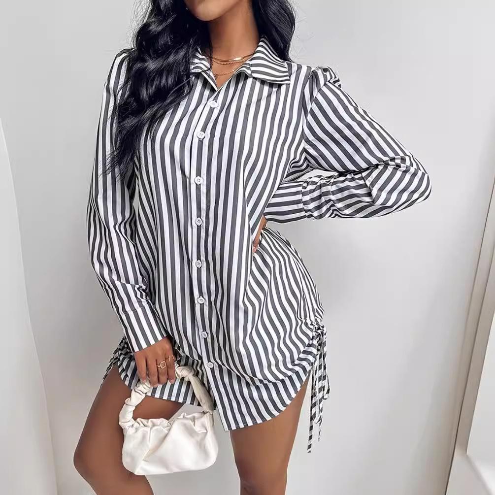 Women's Autumn Fashion Sexy Side Drawstring Shirt Dress