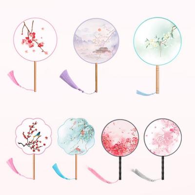Chinese Style Round Hand Fan Ink Painting Ancient Dance Silk Fan Long Handle with Tassel Embroidery Fan for Photography Props