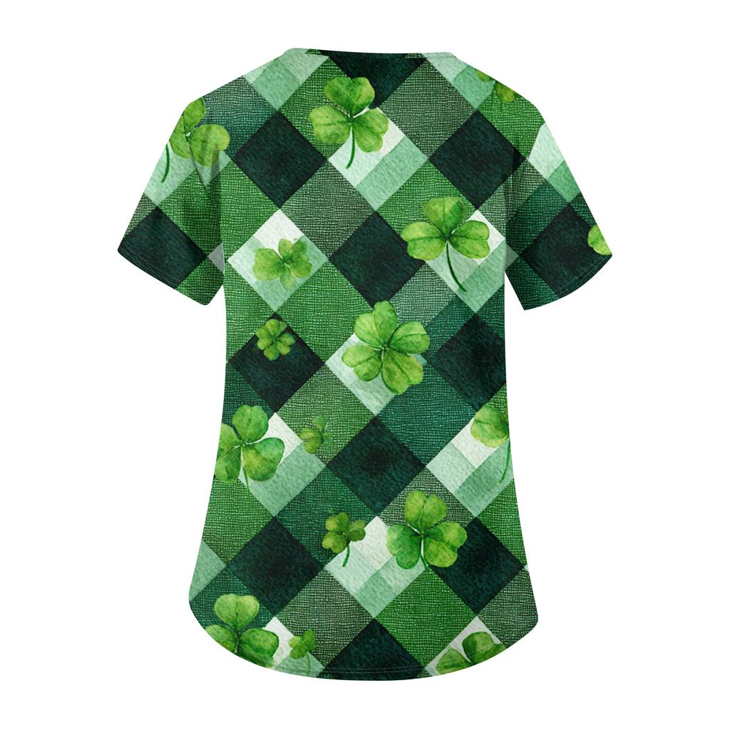 Women's Fashionable V-neck Workwear Printed Short Sleeved Pocket Side Slit Workwear Basic Pullover Top