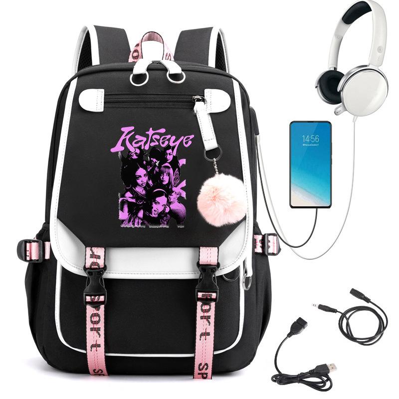 Rucsac Școlar KATSEYE cu Port de Încărcare USB, Bloc de Culori Negru Roz Violet, Rezistent la Apă, Capacitate Mare, Ghiozdan 60123-19