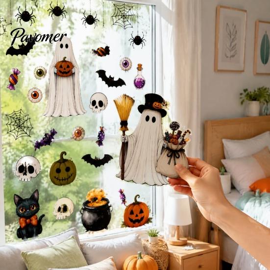 Decorative Window Film 6 Sheets Halloween Clings, Spooky Ghost Pumpkin Bat Removable Wall Decal Sticker, Reusable Static Glass Decals for Holiday