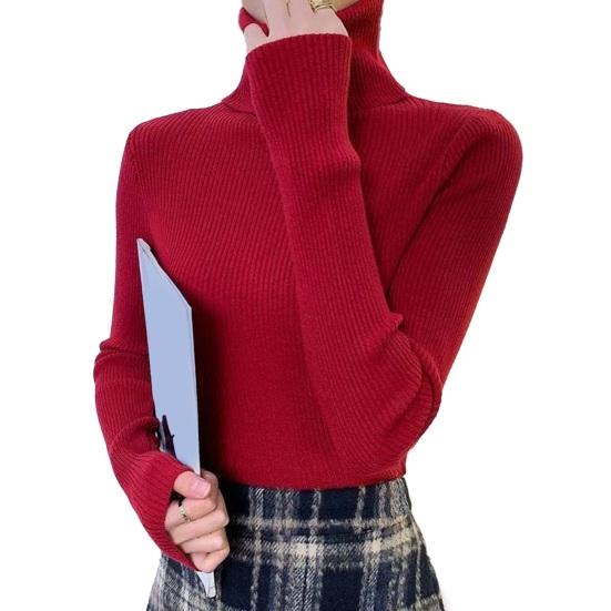 Women Sweater Turtleneck Long Sleeve Slim Fit Knitting Tops Solid Color Soft Elastic Fabric