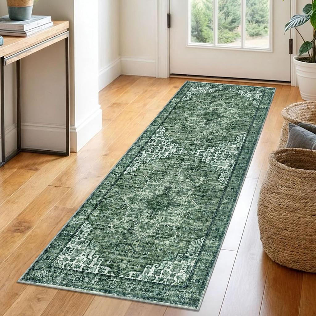 Green Non-Slip Washable Kitchen Runner, Vintage Boho Runners Printed Rug with Non-Shedding, Soft Medallion Floor Carpet for
