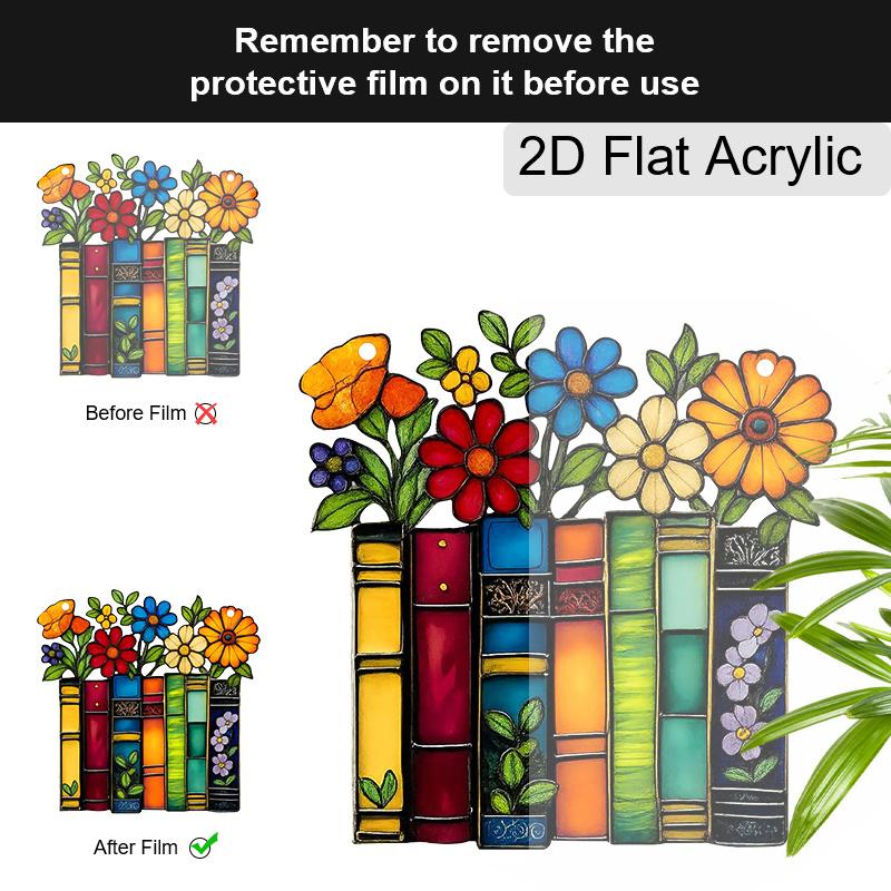 Acrylic Books with Colorful Flowers Suncatcher, Stained Glass Effect Window Hanging Ornament for Book Lovers & Art Themed Gifts