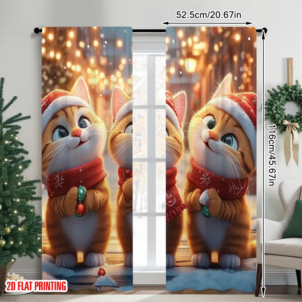 Set Of 2 Flat Printing Merry Christmas Window Drapes Cute Cat Candy Polyester Without Electricity Party Decorations Curtain