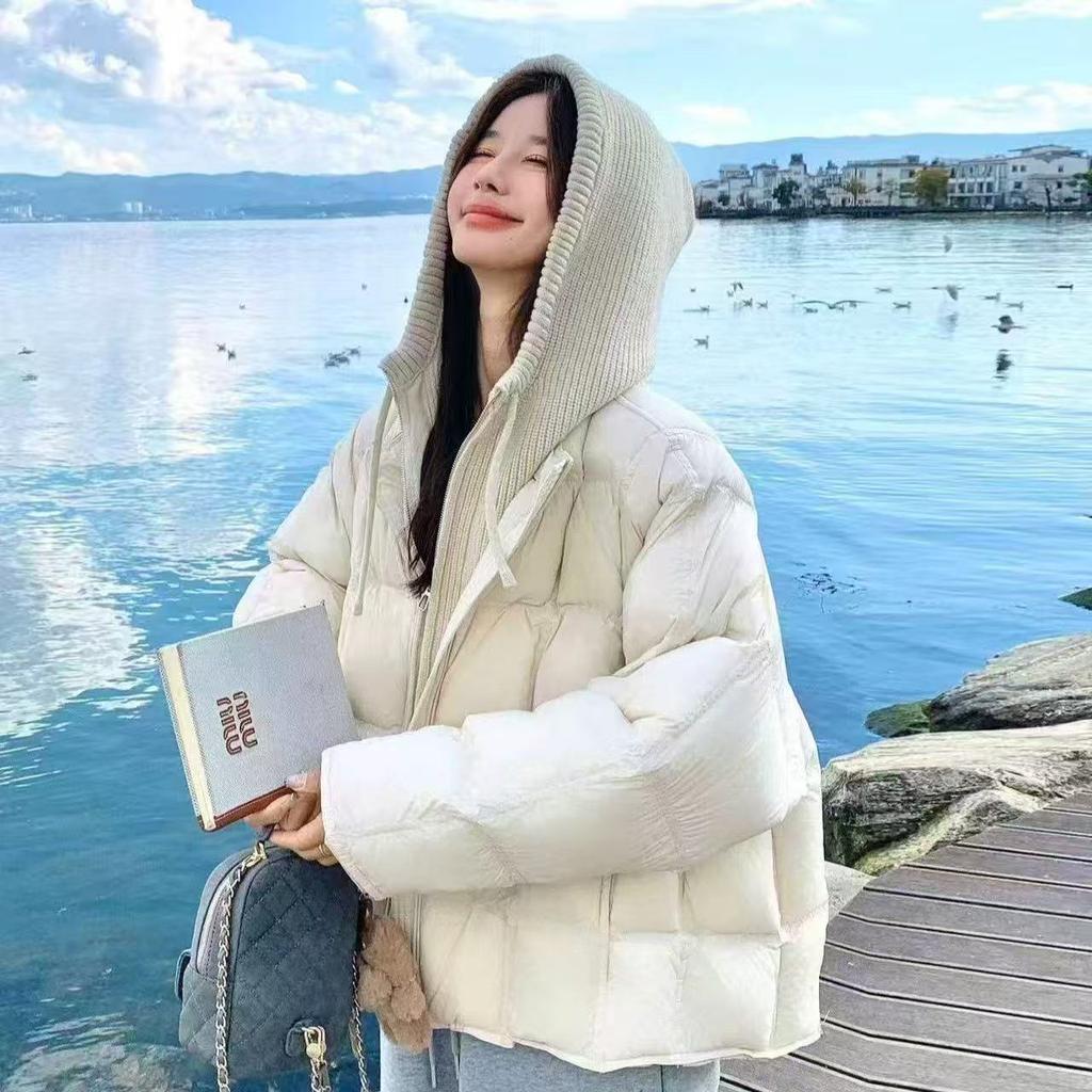 Knitted hooded puff cotton-padded clothes for  new fake two-piece loose cotton-padded clothes, warm and thickened cotton-padded jacket.