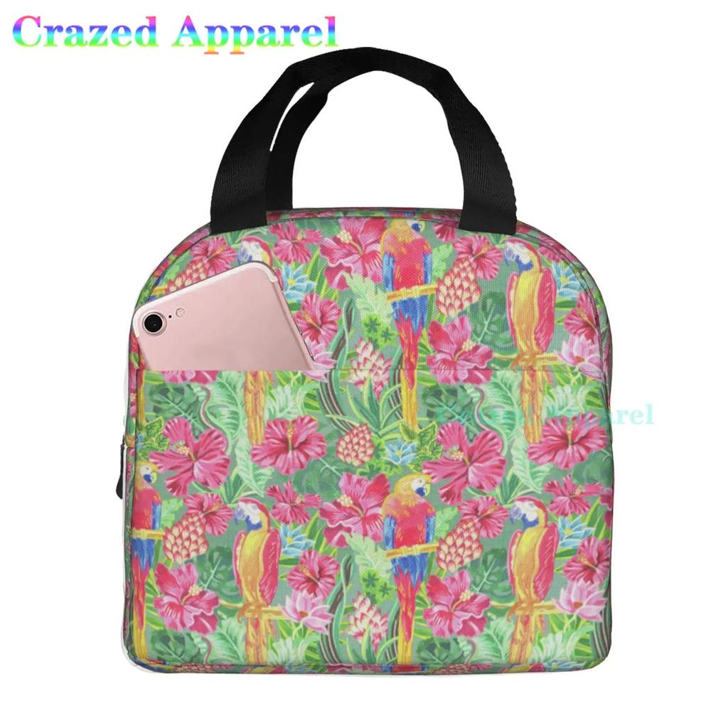 Painted Parrots Birds Plam Tree Oxford Cloth Lunch Bag Tote Lunch Box Reusable Cooler Organizer Bag For Unisex Fishing Picnic