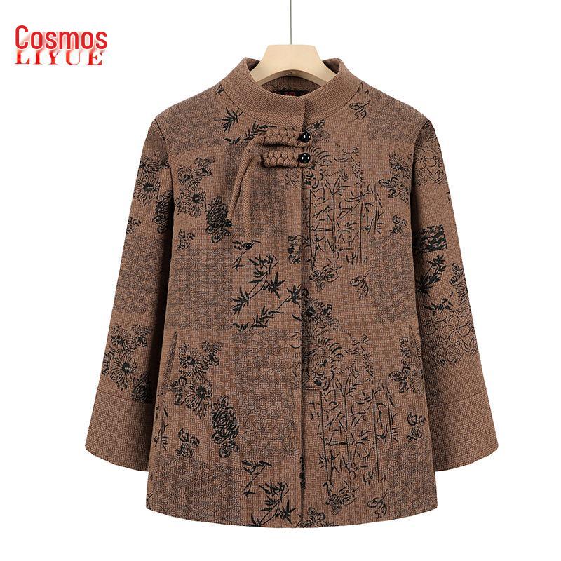 Stylish Chinese-Style Wool Coat for Middle-Aged and Elderly Women - Thickened Velvet Outerwear for Autumn and Winter