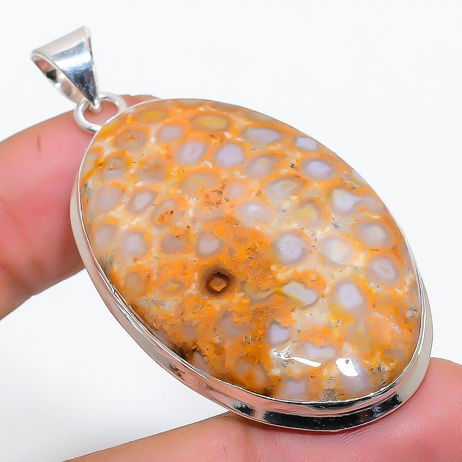 Fossil Coral Gemstone 925 Solid Sterling Silver Jewelry Pendant 2.40" SU-10236