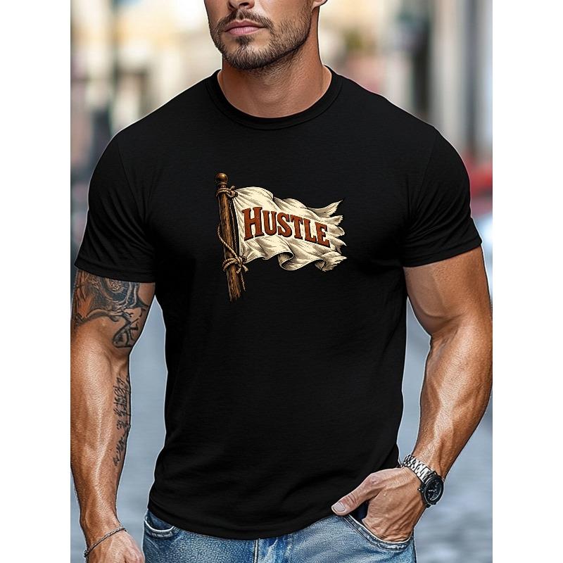 European sizes Men S HUSTLE Pattern Casual Short Sleeve T-Shirt | Crew Neck, Slight Stretch Fabric, Regular Fit, Perfect for Adult S
