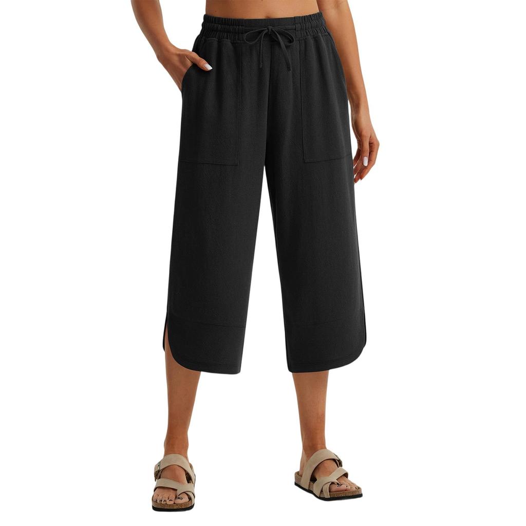 Women Linen Pants Wide Leg Elastic High Waisted Palazzo Trousers Casual Loose Beach Vacation Clothes With Pockets