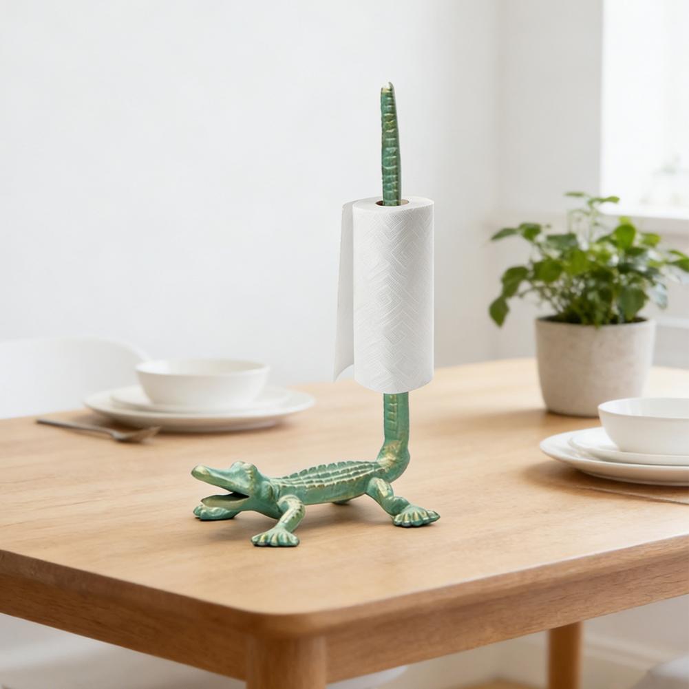 Vintage litinový držák na papír se zvířecím motivem - Design žirafy a dinosaura | Samostatně stojící držák na papírovou roli do kuchyně a koupelny