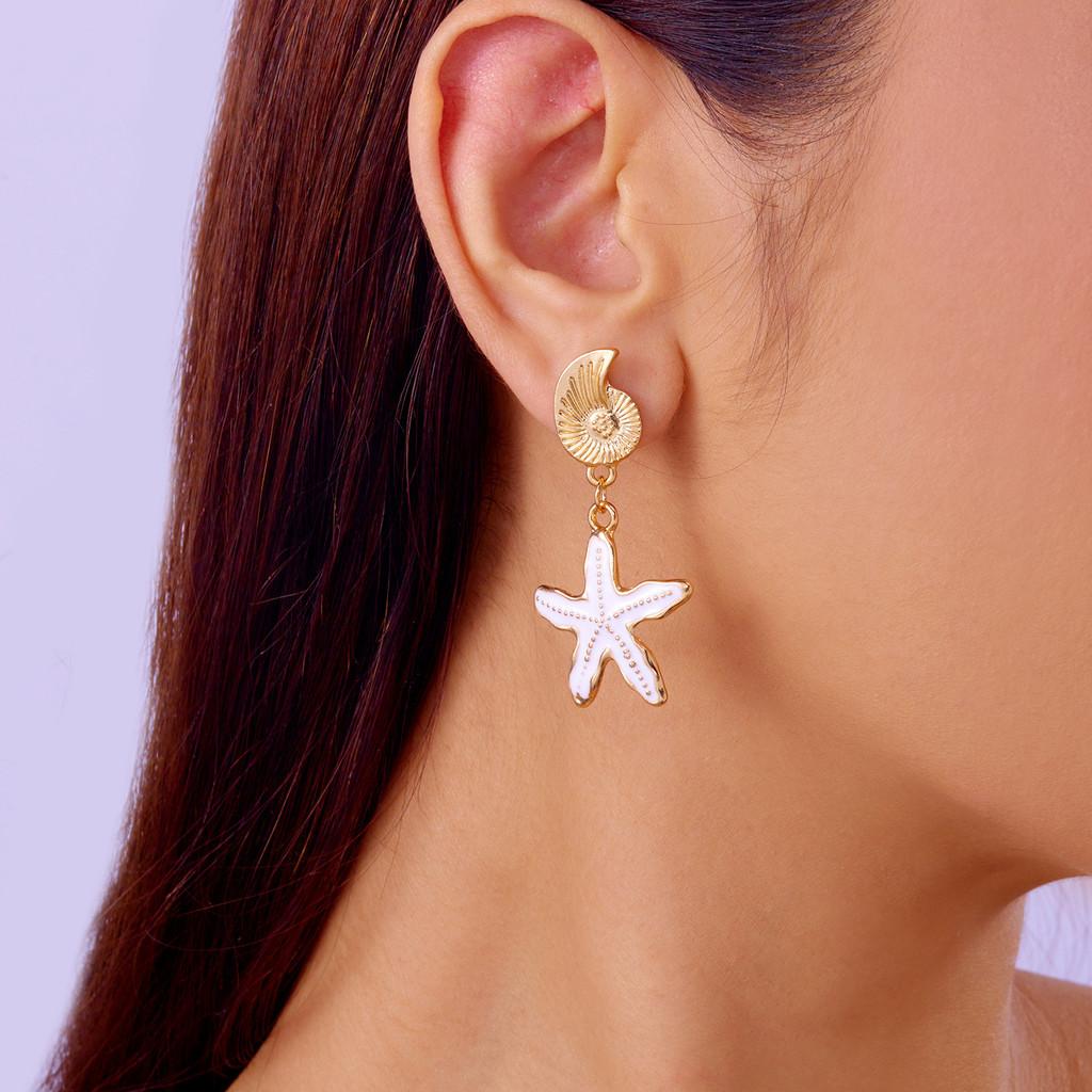 Ocean Theme Alloy Earrings With Starfish And Shell Motif For Women Vacation Fashion