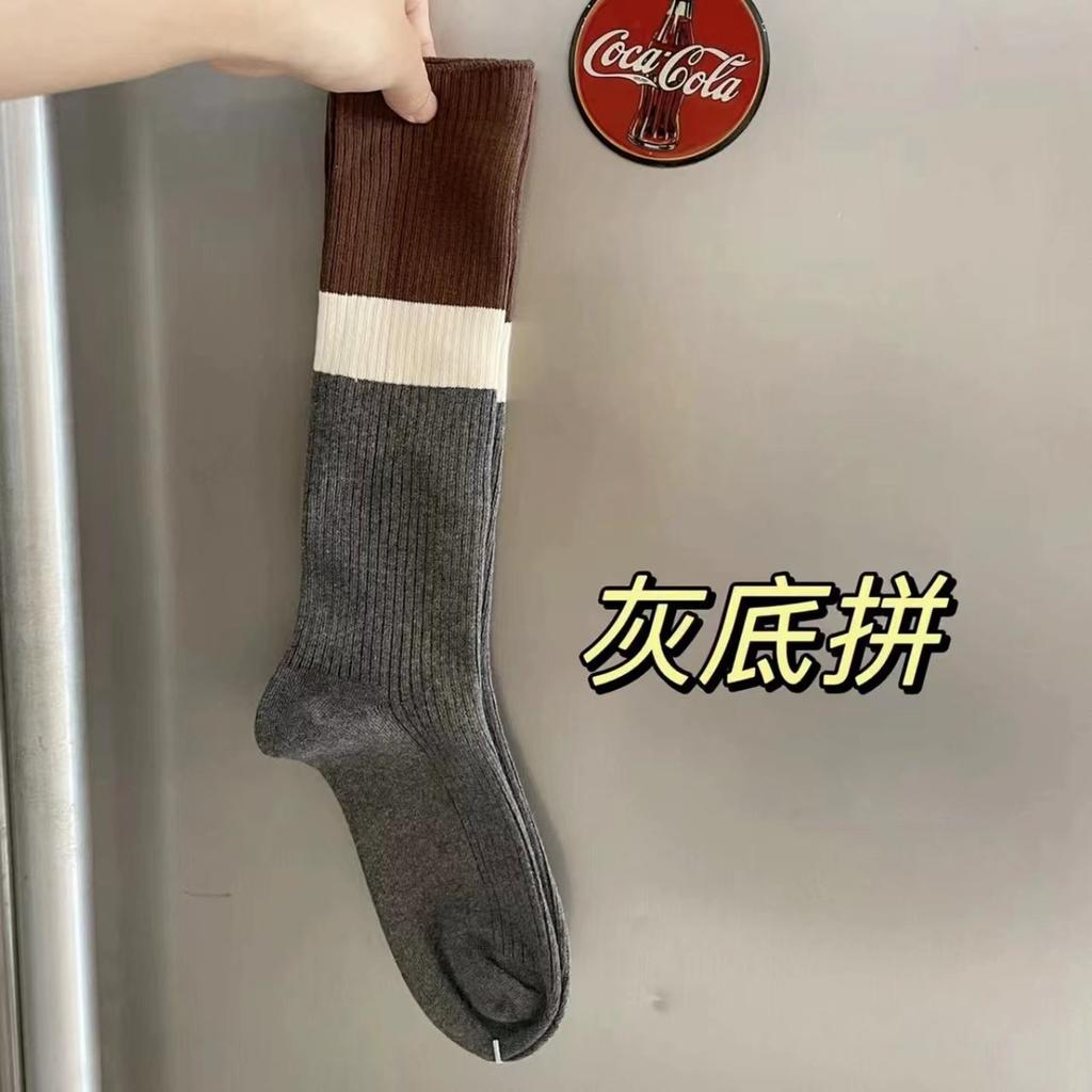 Gray Black And White Spliced Double Needle Calf Socks Autumn Pure Cotton Long Knee Socks Slim Pile Socks