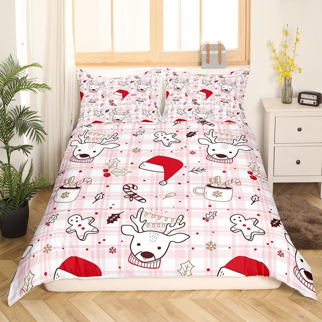 Gingerbread Man Xmas Theme Duvet Cover Christmas Comforter Cover Cartoon Snowman Christmas Tree Bedding Set Pink Quilt Cover