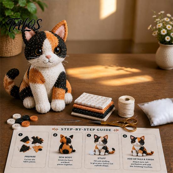 Kit de Manualidades para Adorno de Gato Patchwork DIY, Crea un Adorable Adorno, Animal 3D Costura Tela Pre-cortada Gatito Lindo para Adultos Principiantes, Decoración del Hogar