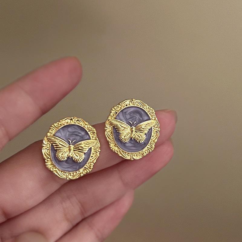 French retro oil drip butterfly geometric stud earrings women s oil painting style medium ancient court style earrings literary earrings фиолетовый