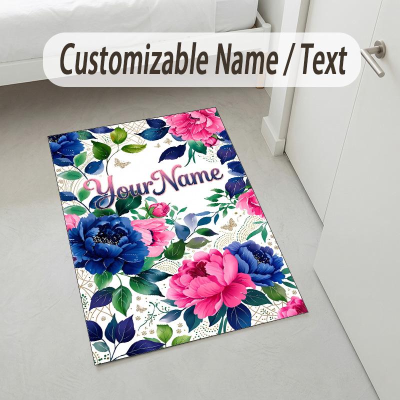 Floral Artwork Theme Soft Crystal Velvet Rug Custom Name & Text Print Non Slip Floor Rug for Bedroom Living Room
